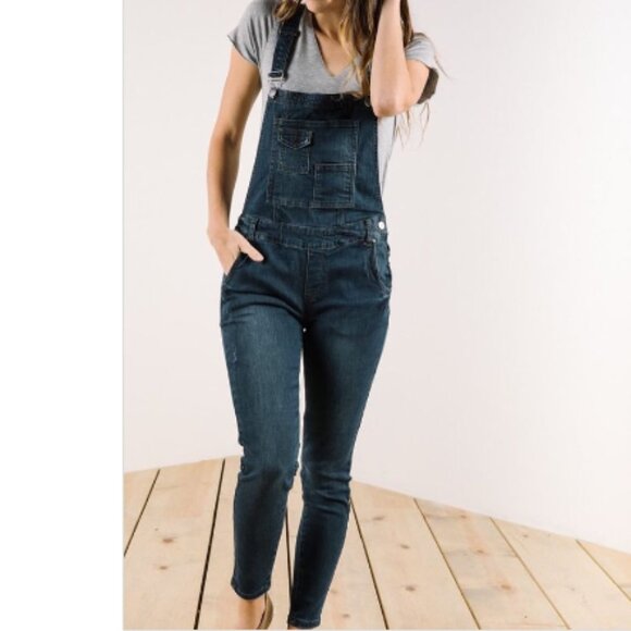 Free People - Backless Denim Dungaree Overalls | Size 27 | Dark Brady Wash Blue - Picture 1 of 16